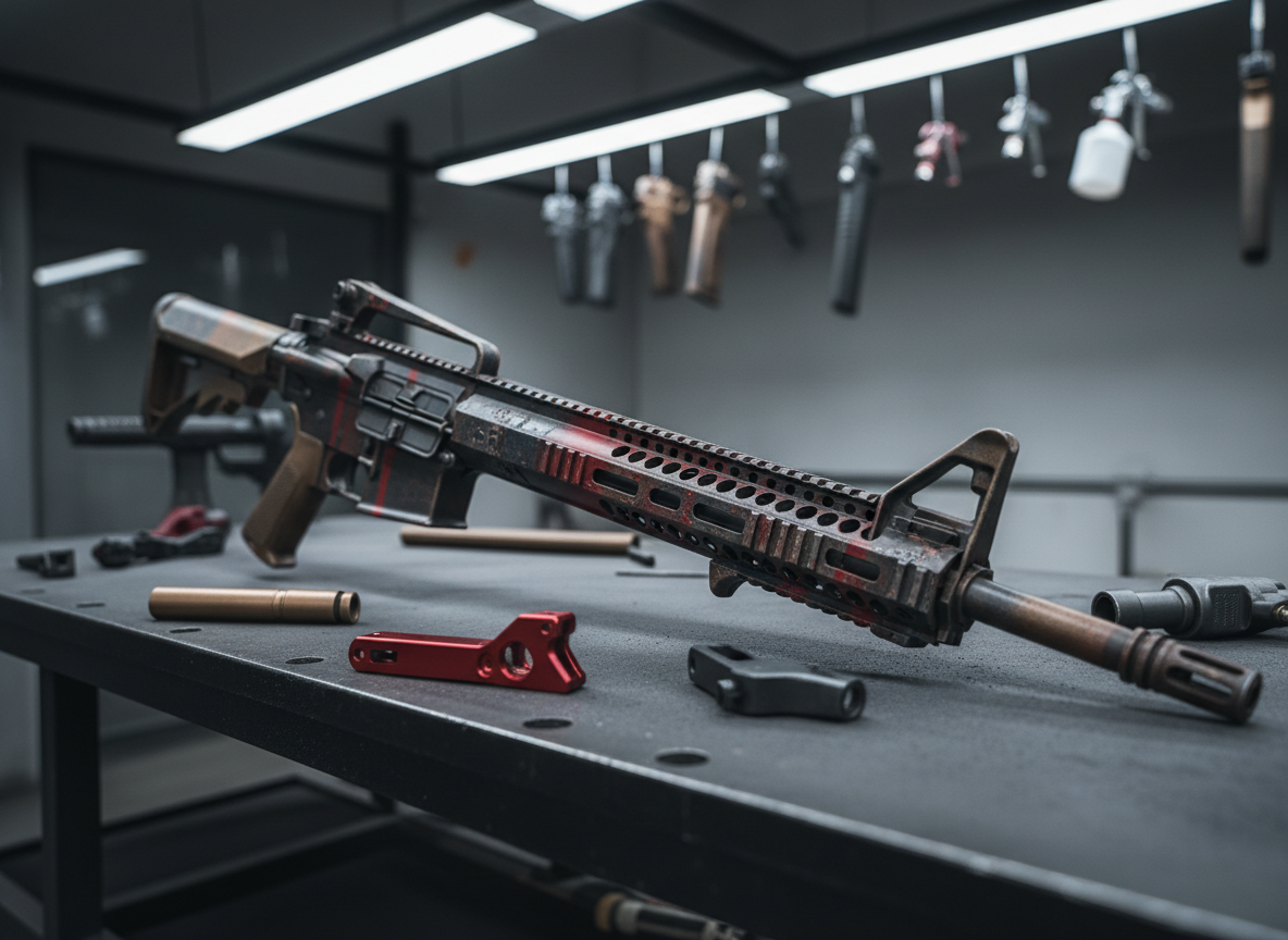 A custom Cerakote-coated AR-15 rifle laid diagonally across a matte black steel workbench, its surface finished in a bold, distressed battle-worn pattern of deep charcoal, burnt bronze, and blood-red accents. Fine powder residue and neatly arranged anodized parts surround the rifle, hinting at an active gunsmithing studio. Overhead industrial LED strips cast crisp, cool light, carving sharp reflections along the Cerakote’s subtle satin sheen and emphasizing its rugged texture. The background fades into a soft blur of hanging firearm components and spray guns. Photographic realism with a low, three-quarter angle and shallow depth of field creates a bold, unapologetic, almost cinematic mood, perfect for a custom gun coating brand hero image.